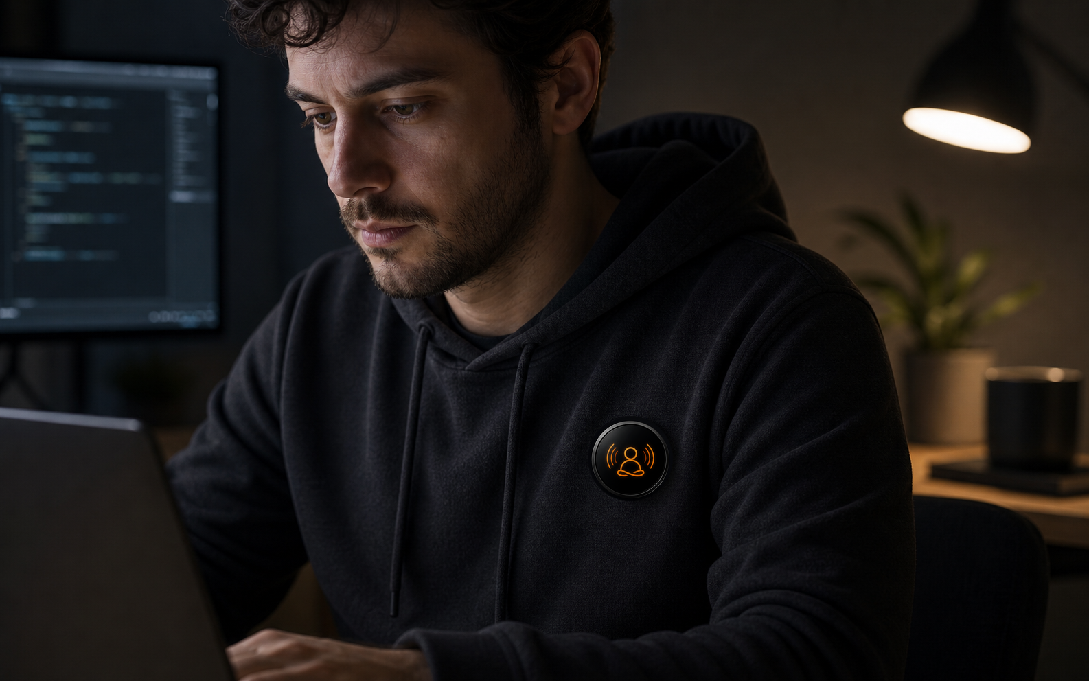 A focused developer coding while wearing a magnetic AI status badge